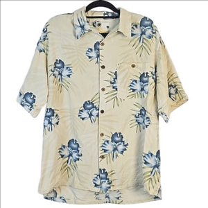Banana Cabana 100% Silk Hawaiian Floral Print Short Sleeve Button Down S…
